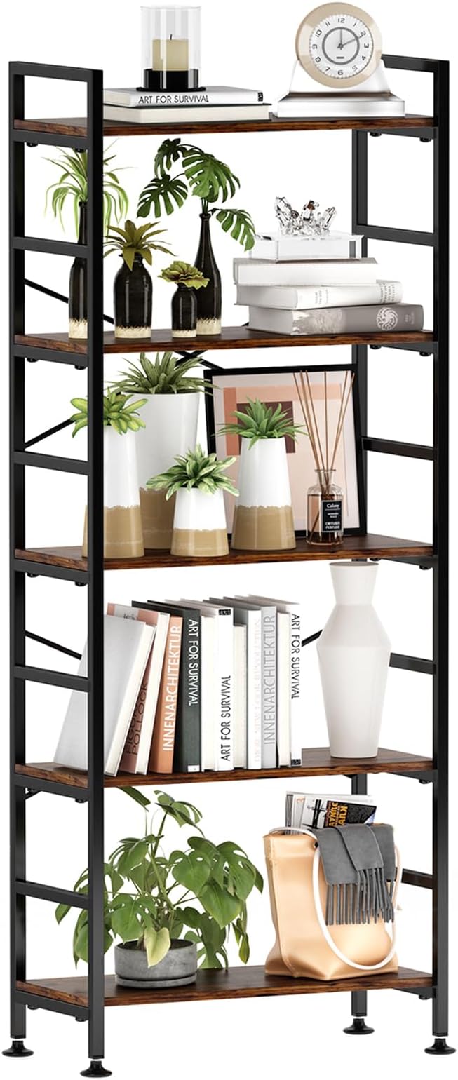 5-Tier Adjustable Tall Bookcase, Rustic Wood and Metal Standing Bookshelf, Industrial Vintage Book Shelf Unit, Open Back Modern Office Bookcases