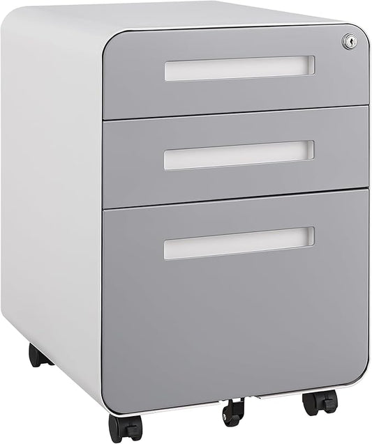 3 Drawer Mobile File Cabinet with Lock, Under Desk Storage Filing Cabinet for Home Office, Small Rolling File Cabinet for Legal, Letter and A4 Files (White+Gray)