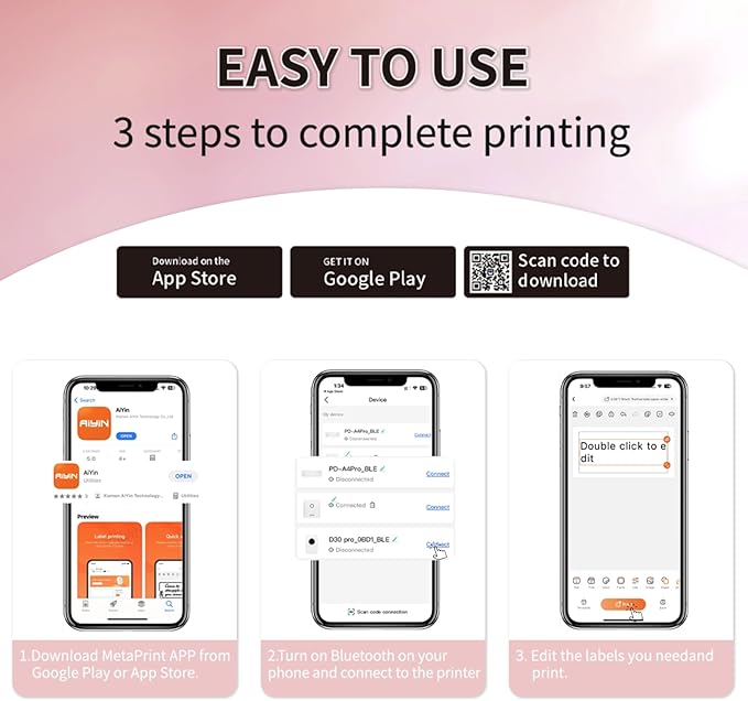 D30 PRO Label Printer Pocket Smartphone Label Maker BT Wireless Thermal Printing 203DPI Support 15mm Width Adhesive DIY Date Journal Study Sticker Compatible with Android iOS for Home Office