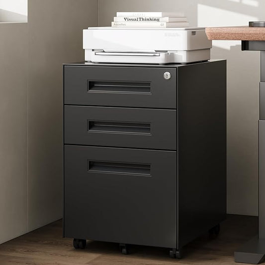 Dripex 3 Drawer File Cabinet, Mobile File Cabinet with Lock on Wheels, Letter/Legal Size, Fully Assembled, Modern Small Short Vertical Metal Rolling Filing Cabinets Under Desk for Home Office (Black)