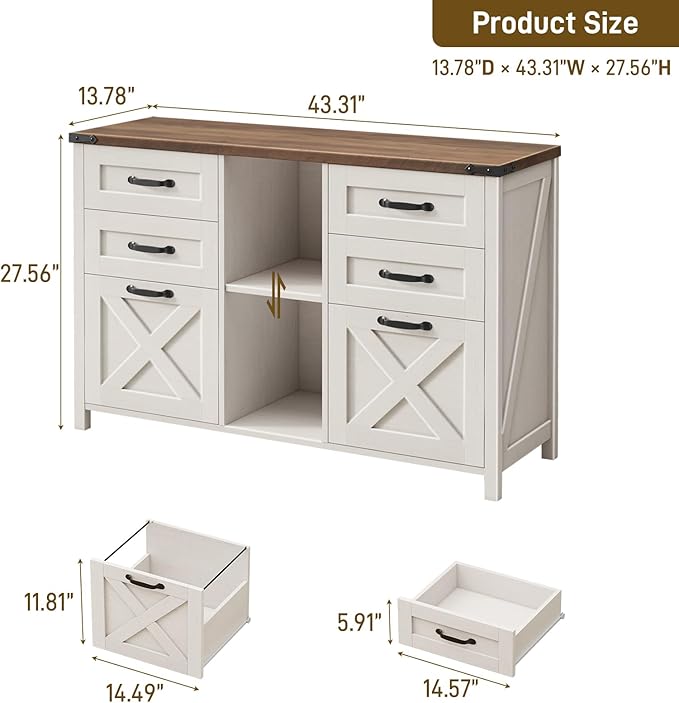 Farmhouse Lateral Filing Cabinet, Lateral File Cabinet with 6 Drawers and Adjustable Shelf, Large Printer Stand with 2 File Drawers for Letter/A4 Size Hanging Files for Home Office, Rustic White