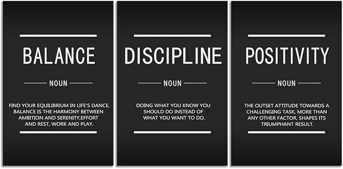 Balance Discipline Positivity Noun Inspirational Painting Wall Art 3 Pieces Canvas Print Office Wall Decor Poster Framed Motivational Quotes for Wall Art Home Living Room Gym Decor[48''Wx 24''H]