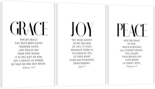 3 Piece Inspirational Wall Art White Motivational Mindset Picture, Quote "Grace Joy Peace" Canvas Print for Christian Gifts, Triptych Entrepreneur Poster Framed Artwork for Home Wall Decor(72"Wx36" H)