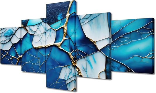 Wall Art Canvas Decor Modern Abstract Canvas Wall Art 5 Panel Home Wall Poster Ice Blue Colorful Glass Window Picture Printing for Minimalist Enthusiasts Bedroom Decor Framed Ready to Hang 50x24 in
