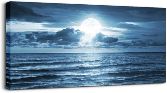 wall art for living room Decorations Photo Prints - blue sea view The moon Landscape - Modern Home Decor The room Stretched and Framed Ready to Hang artwork (Blue Ocean&Moon, 30x 60inch x 1pcs)