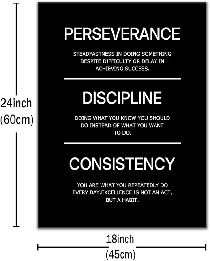 Inspirational Canvas Wall Art Perseverance Discipline Consistency Office Success Quotes Poster Wall Decor Motivational Picture Painting for Home Living Room Gym Stretched and Framed [18''W X 24''H]