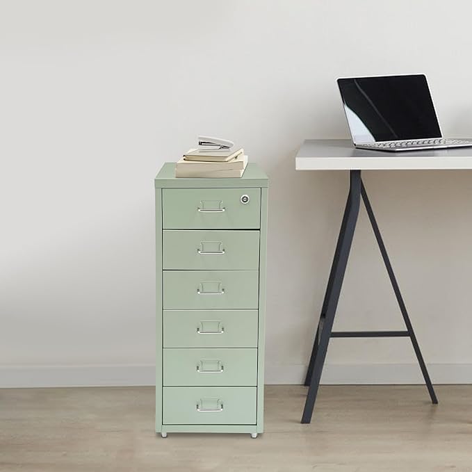6 Tiers Vertical File Cabinet, Metal File Cabinet with Lock & Wheels for Files, Documents, Freestanding Filing Cabinet for Office Home, Multiple Colors Available (Green)