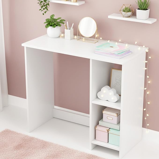 Tangkula Small White Desk with Shelves, Compact Desk for Small Space, Study Writing Table with 2 Tier Shelves, Modern Simple Style Laptop PC Table, White
