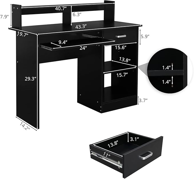 Karl home Computer Desk Study Writing Desk, PC Laptop Table Wooden Home Office Workstation with Drawer Shelf Keyboard Tray, Black