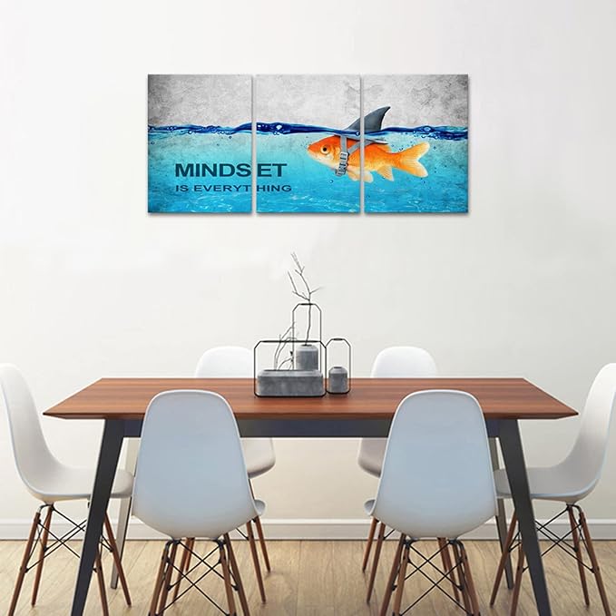 KAWAHONE 3 Panels Modern Framed Inspirational Quote Canvas Wall Art-Mindset is Everything Goldfish Strong Shark Motivational Posters Framed, Bathroom Bedroom Office Decor Framed Ready to Hang