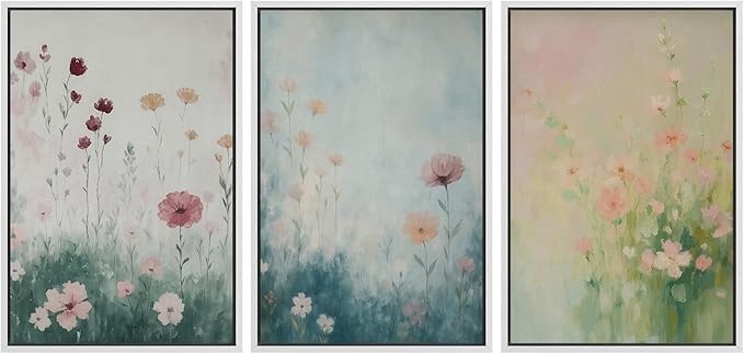 SIGNFORD Framed Wall Art Print Set Pastel Wildflower Meadow Soft Botanical Digital Art Modern Art Contemporary for Living Room, Bedroom, Office - 16"x24"x3 WHITE