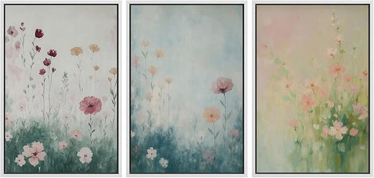 SIGNFORD Framed Wall Art Print Set Pastel Wildflower Meadow Soft Botanical Digital Art Modern Art Contemporary for Living Room, Bedroom, Office - 24"x36"x3 WHITE
