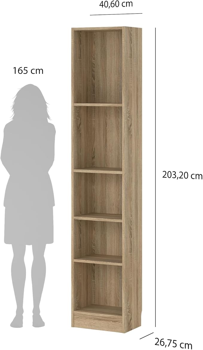 Tvilum Element Narrow 5 Shelf Bookcase, Tall, Oak