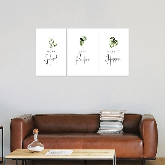 3 Piece Inspirational Wall Art, White Plants Sayings Picture, Quotes "Work Stay Make it" Canvas Prints for Office Decor, Triptych Entrepreneur Framed Artwork for Women Men Home Wall Decor (48"Wx24" H)