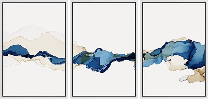 SIGNWIN 3 Piece Framed Canvas Wall Art Blue and Brown Watercolor Nature Wilderness Illustrations Abstract Traditional Relax/Calm Home Artwork Decoration for Living Room,Bedroom - 24"x36"x3 White
