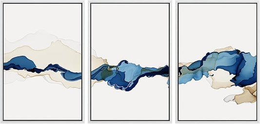 SIGNWIN 3 Piece Framed Canvas Wall Art Blue and Brown Watercolor Nature Wilderness Illustrations Abstract Traditional Relax/Calm Home Artwork Decoration for Living Room,Bedroom - 16"x24"x3 White