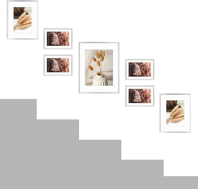 Golden State Art, Aluminum Gallery Wall Frame Set of 7 - Includes One 11x14, Two 8x10, and Four 5x7 - Metal Frames with Mat & Real Glass Cover for Elegant Home or Office Decor (Style 2, Silver)