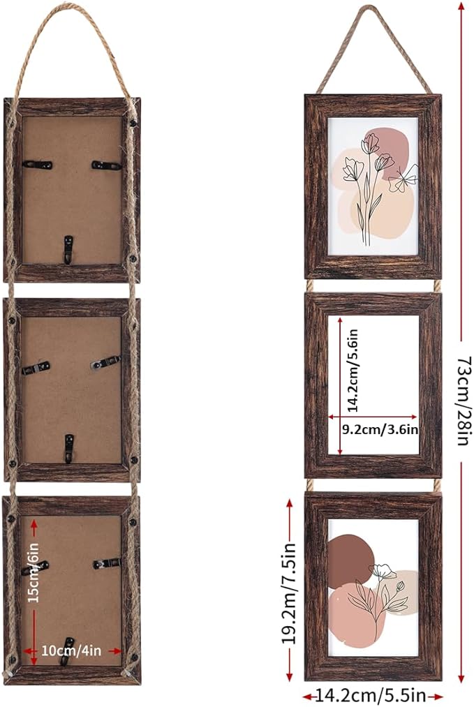 Lavezee 4x6 Picture Frames Collage Distressed Brown, Three 4 x 6 Hanging Picture Frames for Vertical 4 by 6 Inch Photos for Wall