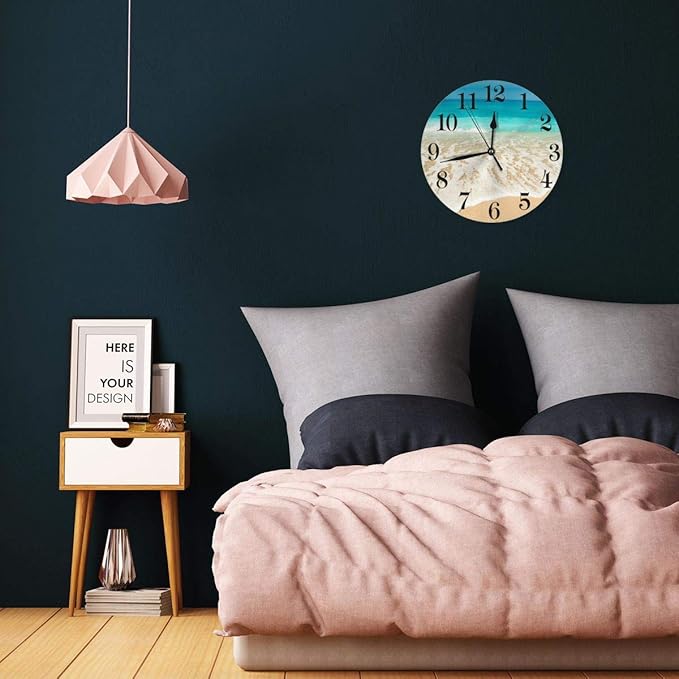 Sea Beach Wall Clock Battery Operated Silent Non Ticking Round Clock Summer Ocean Theme Wall Decor for Home, Office, School 9.8 Inch