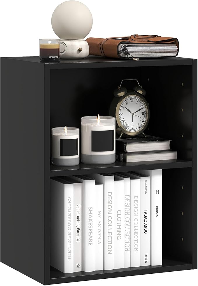 Tangkula 2-Tier Bookshelf, Open Shelf Bookcase with 7-Position Adjustable Shelf, Multifunctional Wooden Cubby Storage Display Shelf for Home Office Study Living Room (Black, 2)