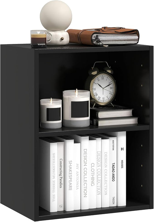 Tangkula 2-Tier Bookshelf, Open Shelf Bookcase with 7-Position Adjustable Shelf, Multifunctional Wooden Cubby Storage Display Shelf for Home Office Study Living Room (Black, 1)