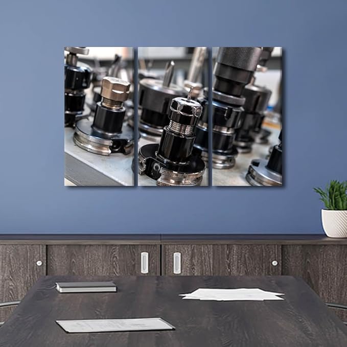 Factory Wall Decor Machine Drill Bits Canvas Prints Bathroom Artwork for Wall Office Living Room Wall Decor 3 Panel CNC Machine Tools Wall Art Framed Wall Art Posters & Prints, 42x28 Inch