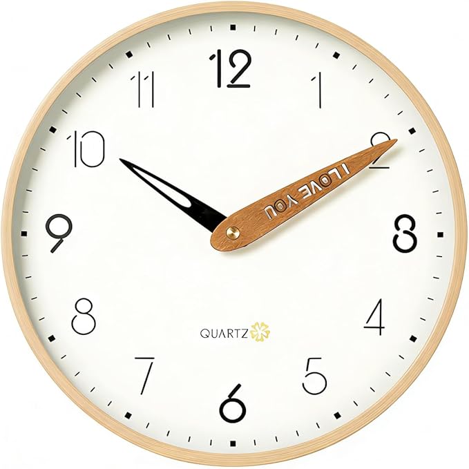 Topkey 12 Inch Silent Wall Clock for Kids - Wooden Look Non Ticking Clock, Playroom & Classroom Decor, Easy Install（Battery Operated - Light Wooden Brown
