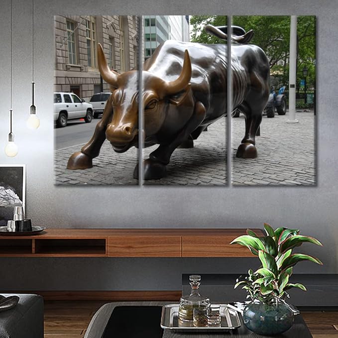 TUMOVO Large Canvas Wall Art 3 Panel America Bull Statue Poster Photography Print On Canvas Pictures for Home Decorations Office Wall Decor Stretched and Framed Ready to Hang, 60" Wx40 H