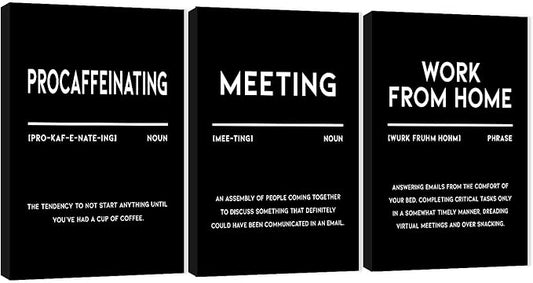 3 Piece Inspirational Canvas Wall Art, Quotes "Procaffeinating - Meeting - Work From Home" Motivational Print Pictures, Triptych Entrepreneur Poster Framed Artwork for Men Women Room Decor(36"Wx24" H)