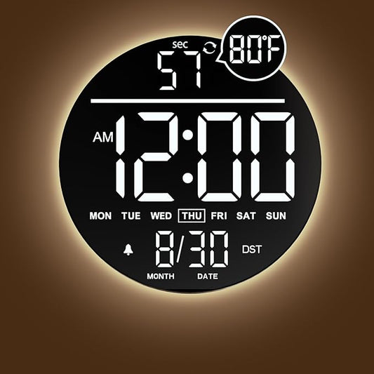 JALL 10" Large Digital Wall Clock with Seconds, Alarm Countdown Timer, Big LED Display, RGB Color, DST, Temperature, Mounted for Bedroom Living Room Office Classroom Gym, Xmas Birthday Gift, White