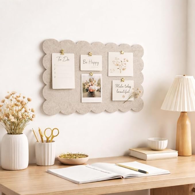 Orelle Scalloped Felt Bulletin Board | 17 x 11” | Foldable Peel and Stick Felt Board for Wall | Alternative Cork Board for Office, Message Board, Kids Art Display | Beige