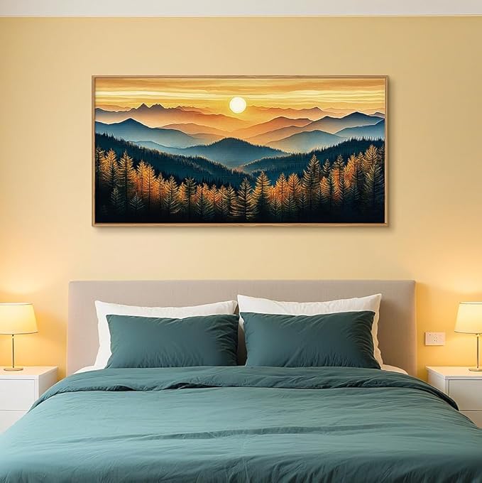 BICERE Large Abstract Sunrise Mountain Framed Canvas Wall Art,Boho Nature Forest Wall Decor,Foggy Pine Tree Wall Painting,Retro Landscape Artwork for Living Room,Bedroom,Dining Room,Office - 20"x40"x1