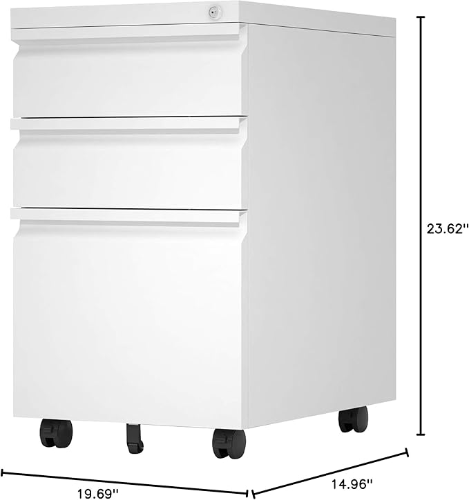 Mobile Filing Cabinet,3 Drawer Mobile File Cabinet with Lock,for Legal/Letter/A4 Documents,Home Office Storage Dresser Cabinet (White)