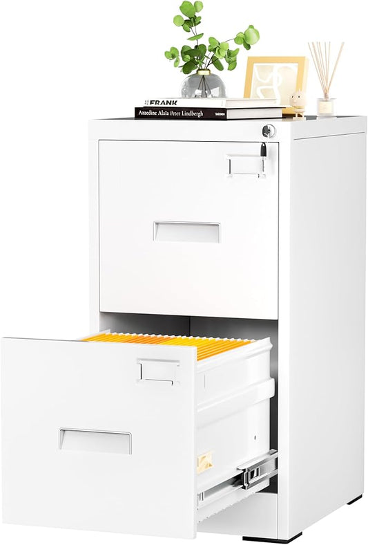 Incbruce 2 Drawer File Cabinet, Metal File Storage Cabinet with Lock, Vertical Filing Cabinet with Adjustable Hanging Frame for Home Office, Easy Assemble (White)