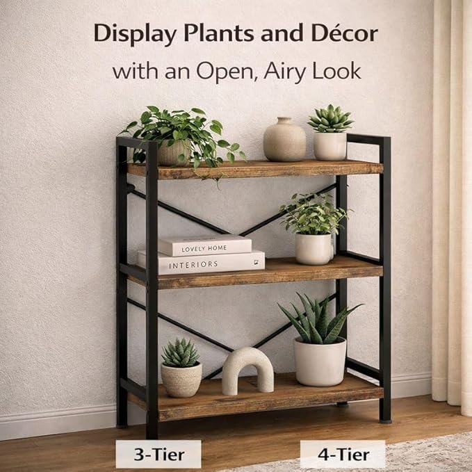 Small Bookshelf for Small Spaces, 3-Tier Industrial Bookcase with Metal Frame and Wood Shelves, Narrow Storage Shelf for Living Room, Bedroom, Apartment
