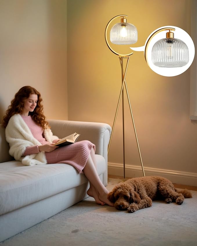 Lightdot Tripod Floor Lamp for Living Room, Gold Standing Lamp with Clear Glass Lampshade, Farmhouse Tall Lamp for Bedroom, Arced Reading Light for Home Office/Sofa Beside/Corner Decor(Bulb Included)