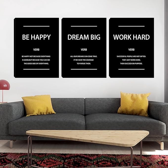 Unbruvo Motivational Office Wall Art, 3 Pieces Inspirational Canvas Wall Art, Dream Big Be Happy Work Hard Prints Poster Wall Decor for Living Room BedRoom Dorm(60" Wx28 H)
