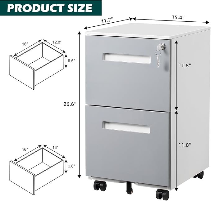 2 Drawer Mobile File Cabinet with Lock & Wheel, Under Desk Rolling Vertical Filing Cabinet, Anti-Tipping Design Metal Storage Cabinet for Legal, Letter, A4 (Gray)