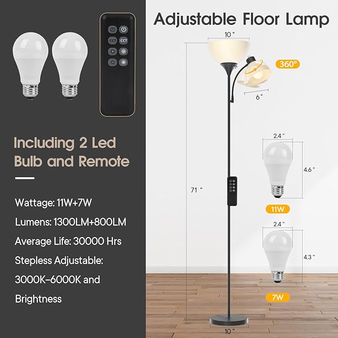 GERGO Led Floor Lamp, Super Bright 11W+7W 2100LM Torchiere Floor Lamps for Living Room, Stepless Adjustable 4 Color Temperatures 3000K-6000K with Remote Control for Bedroom (Matte Black)
