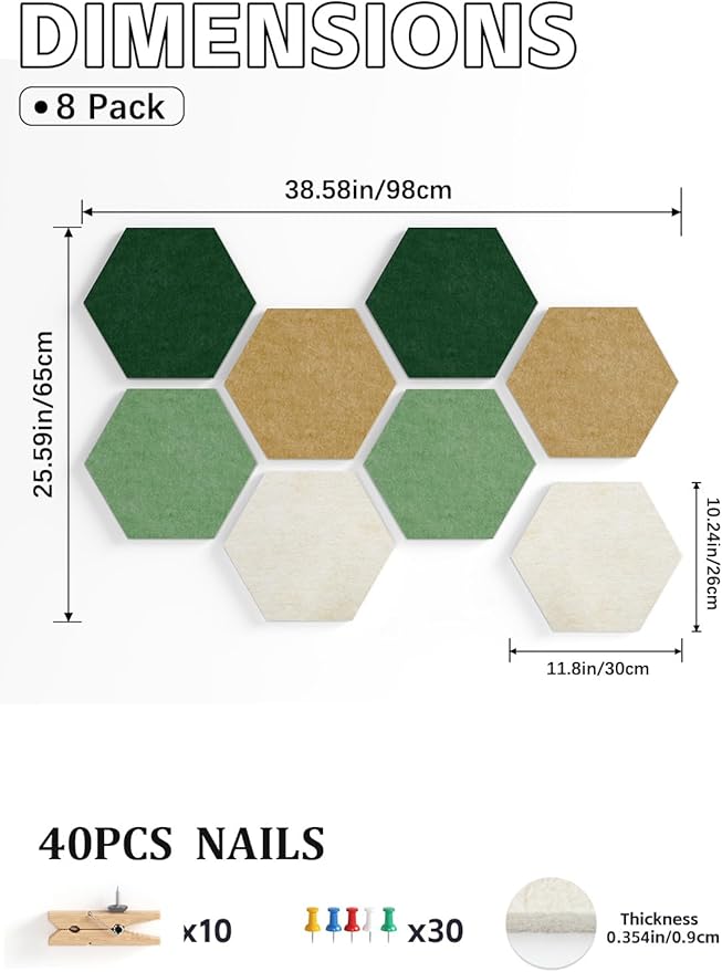 8 Pack Hexagon Felt Bulletin Board Tiles - 11.8" Large Thick Pin Board for Walls with 30 Push Pins, DIY Boards for Office Home School Decor, Aesthetic Hex Cork Board Alternative
