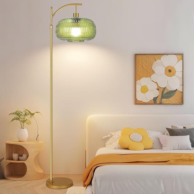 Glass Floor Lamp for Living Room,Bedroom,Gold Mid Century Modern Standing Lamp with Remote,Dimmable Brass Tall Lamp Vintage Retro Green Arc Flower Floor Light Boho Bohemian