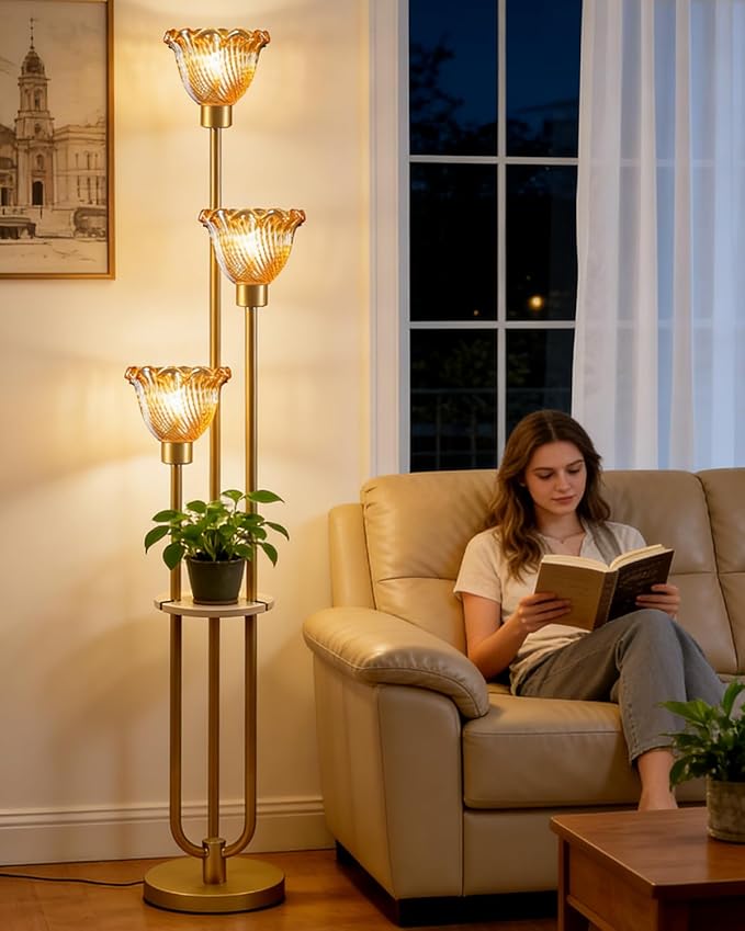 Lightdot Glass Floor Lamp for Living Room Gold with Amber Glass Shade & 3000K Bulbs Included 3-Lights Modern Tall Standing Lamp for Bedroom/Sofa Beside/Corner Decor