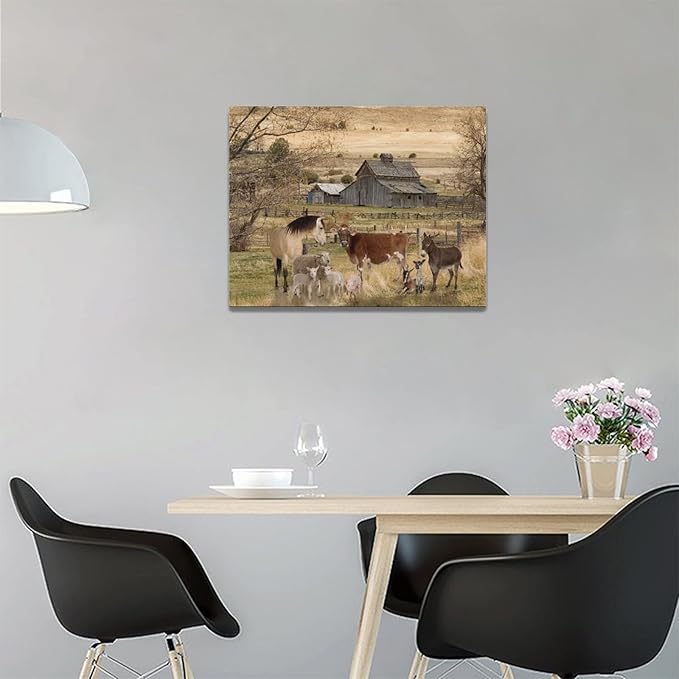 yerretin Farm Animal Wall Art Country Old Barn Pictures Wall Decor Rustic Canvas Print Farmhouse Landscape Painting Modern Home Artwork for Living Room Bedroom Bathroom Office Framed, 16"x12"