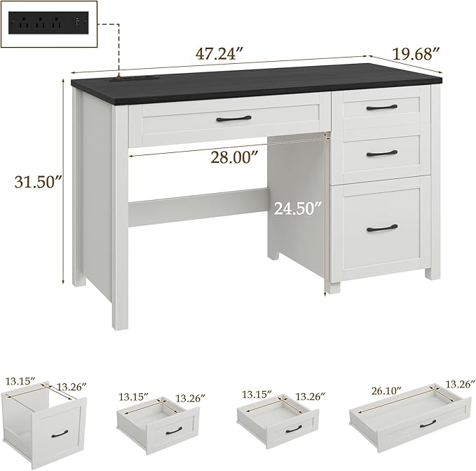 Farmhouse 47" Executive Desk, Computer Desk with File Drawer and Charging Station, Workstation for Home Office, Study.Black