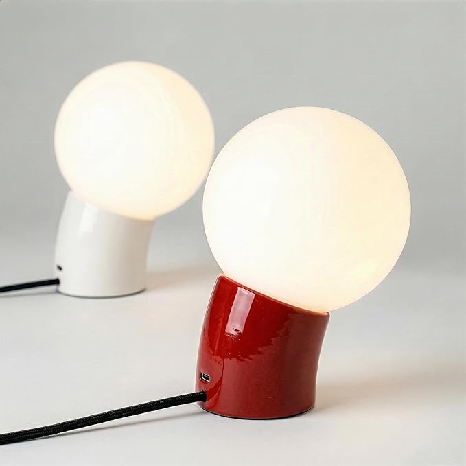 Brightech Vino LED Table Lamp - Small 8" Modern Dimmable Metal Lamp with USB-C Charging, Frosted Glass Globe Shade - Warm White Accent Light for Bedroom, Living Room, Bedside, Nightstand - Red