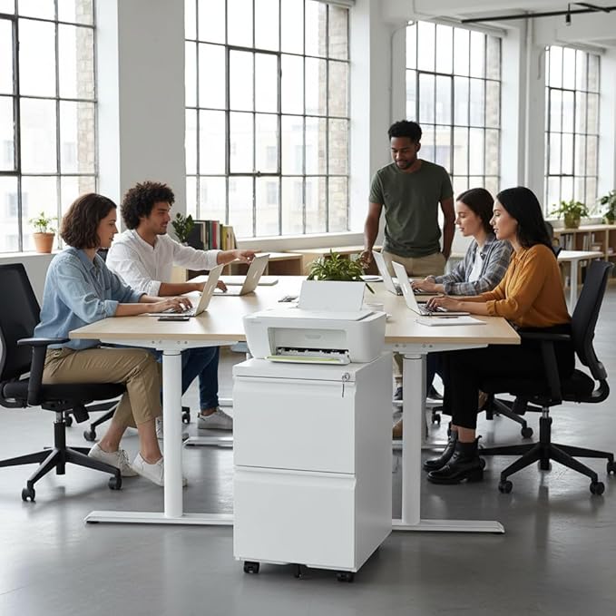 [Fully Assembled] 2 Drawer Lockable Metal File Cabinet on Wheels, Mobile Under Desk Filing Cabinet with Printer Stand, Home Office Storage Cabinet (White, 2 Drawer)
