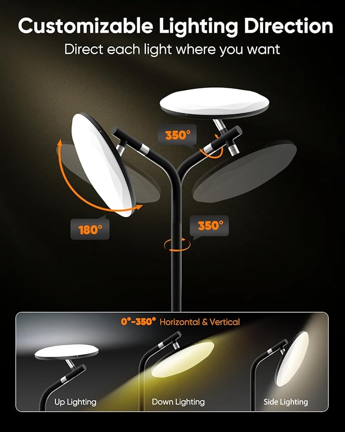 LED Floor Lamp, 36W Super Bright Standing Lamp with Remote & Touch Control, 69" Stepless Dimmable Torchiere Tall Lamp, 350° Rotating Head Floor Lamp for Bedroom, Living Room, Office, Black