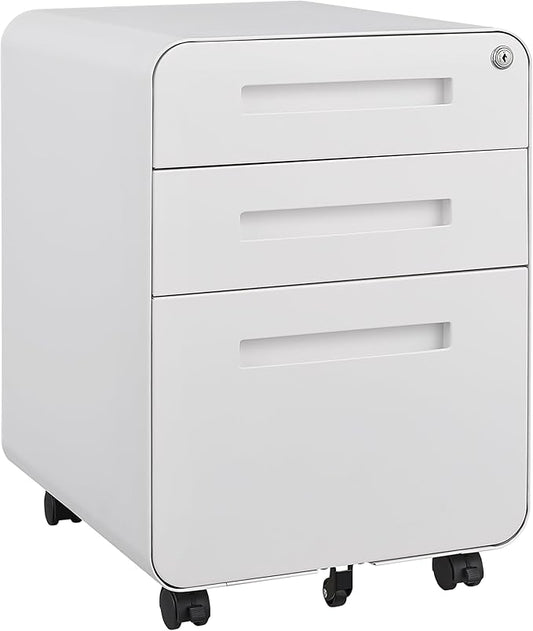 3 Drawer Mobile File Cabinet with Lock, Under Desk Storage Filing Cabinet for Home Office, Small Rolling File Cabinet for Legal, Letter and A4 Files (White)