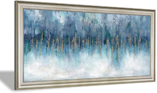 Blue Wall Art Abstract Painting: Abstract Canvas Wall Art - Navy Blue Framed Canvas Artwork for Living Room Wall Decor - Large 60"x30"
