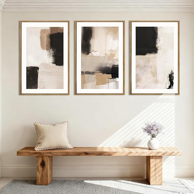ANHUIB Neutral Abstract Wall Art Beige Modern Wall Decor 16x24 Inch Minimalist Black Paintings Set of 3 for Living Room Bedroom Dining Room